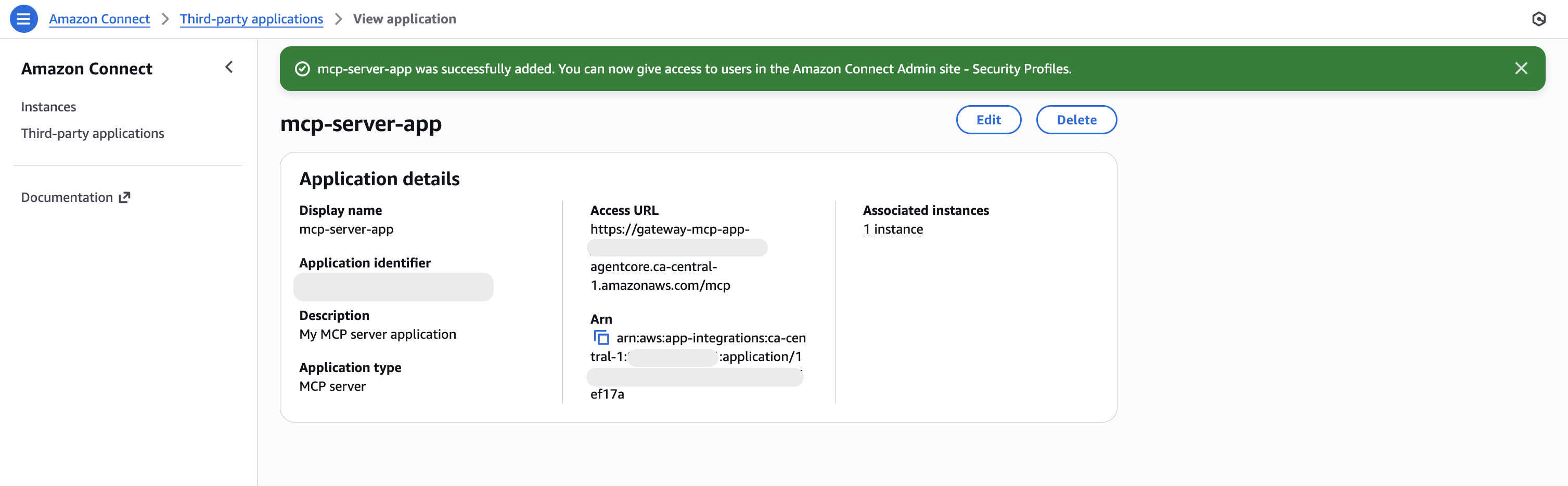 MCP サーバーを統合した後の成功バナーを示す統合の表示ページ。