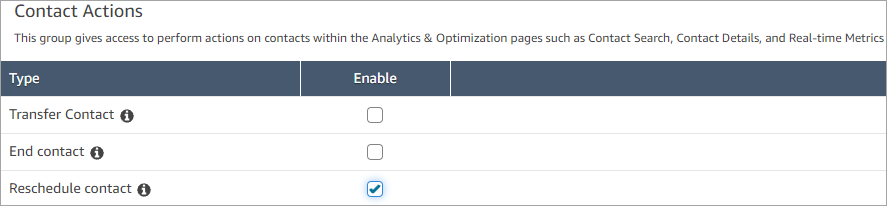 [セキュリティプロファイル] アクセス許可ページの、[コンタクトの再スケジュール] アクセス許可。