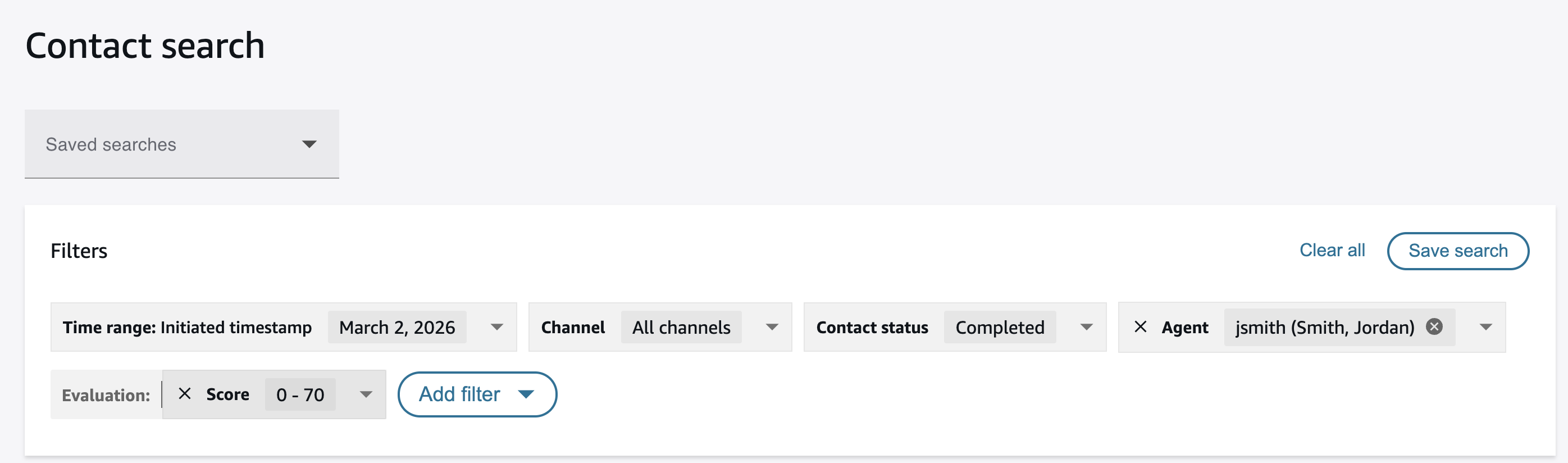 評価スコアフィルターが適用された問い合わせ検索ページ。