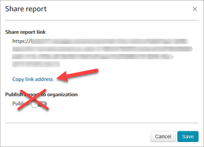 [レポートの共有] ダイアログボックス、[リンクアドレスのコピー] リンク。