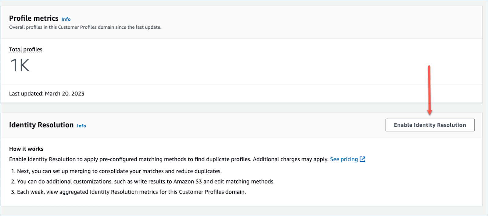 Amazon Connect Customer Profiles ページ、[アイデンティティ解決を有効にする] ボタン。