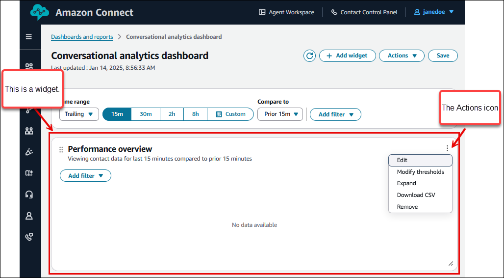 サンプルダッシュボードのウィジェット、ウィジェットを編集するアクションアイコン。