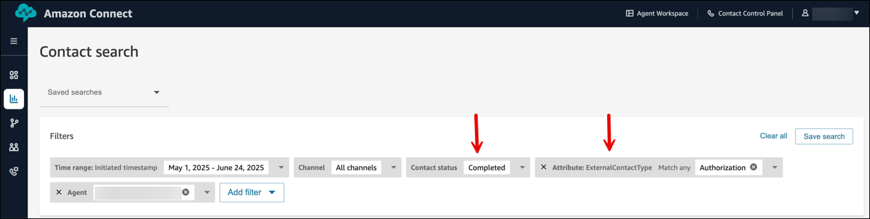 属性が ExternalContactType の、完了したコンタクトの検索。