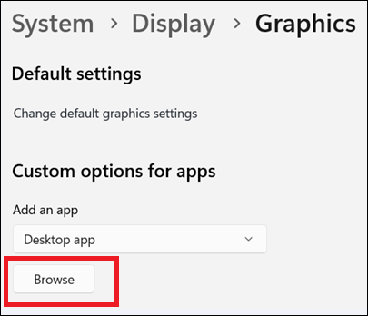 Windows の [設定]、[グラフィックス]、[参照] ボタン。