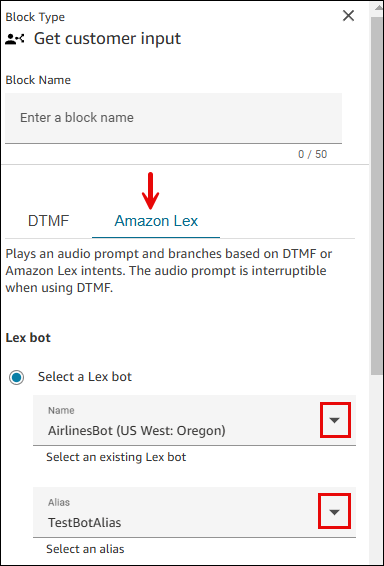 [顧客の入力の取得] ブロックのプロパティ、[Amazon Lex] タブ。