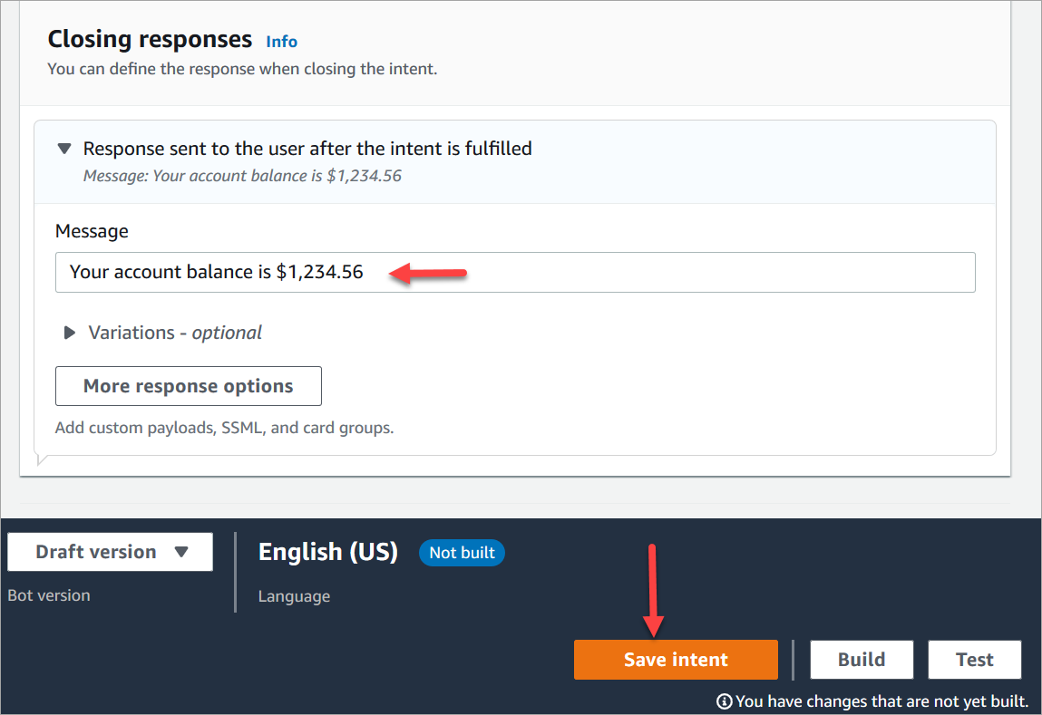 [インテント] ページの [応答を閉じる] セクション。
