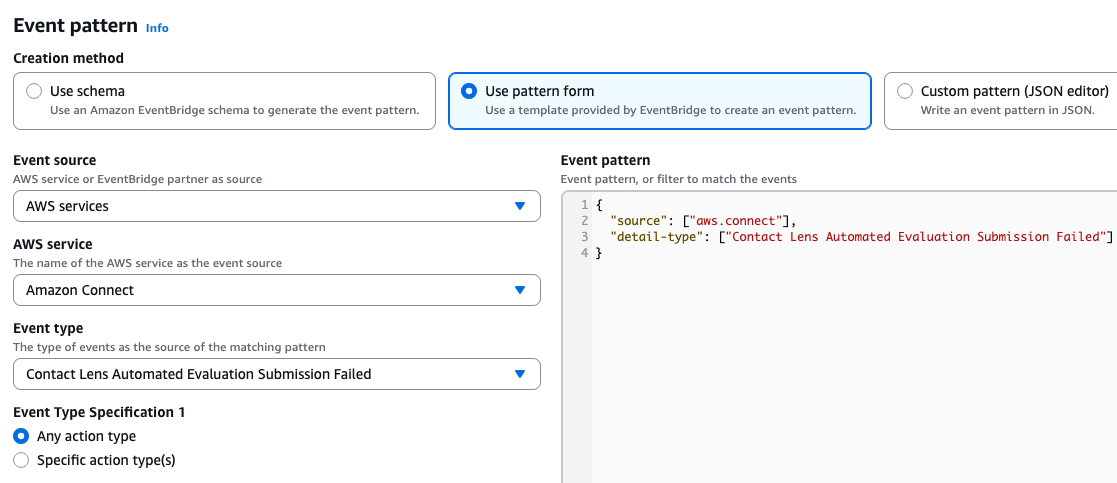 Amazon Connect が AWS サービスとして選択されたイベントパターン。