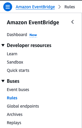 EventBridge コンソールのバスセクションのルールタブ。