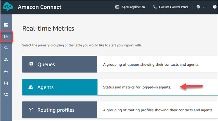 [リアルタイムメトリクス] ページ、[エージェント] オプション。