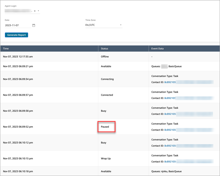 中断ステータスになっているエージェントのアクティビティ監査レポート