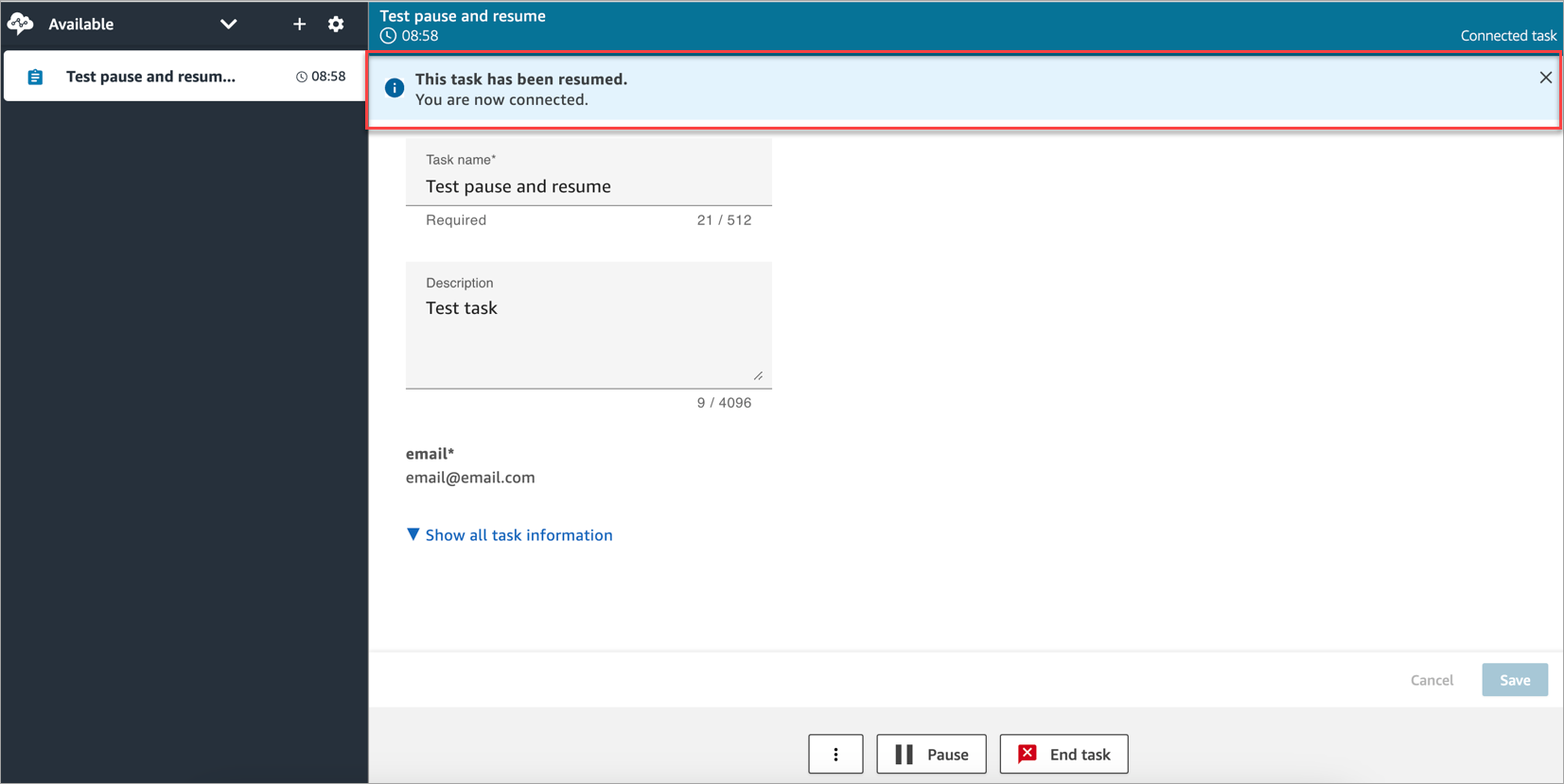 エージェント Workspace に表示される一時停止と再開のバナー
