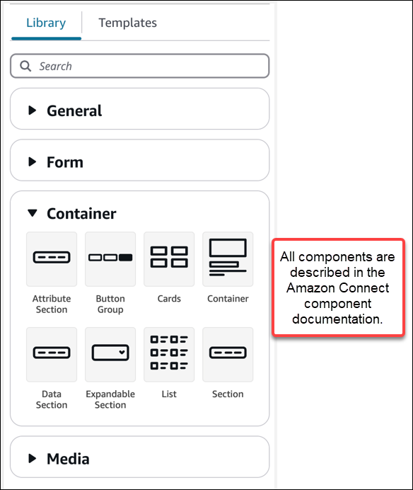 UI ビルダーの作成パネル、ライブラリタブ、UI コンポーネント。