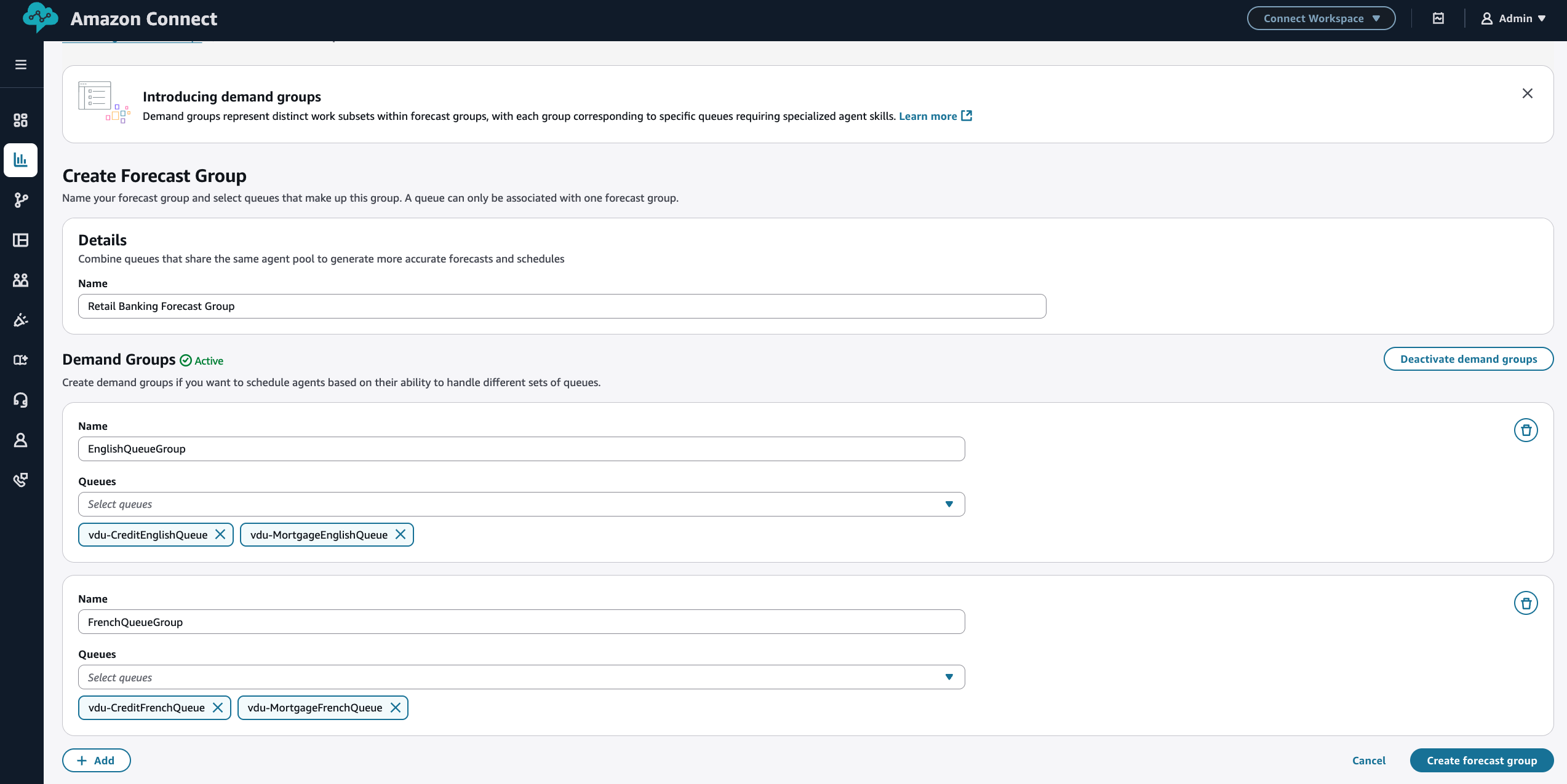 キューを検索して追加し、需要グループを作成します。