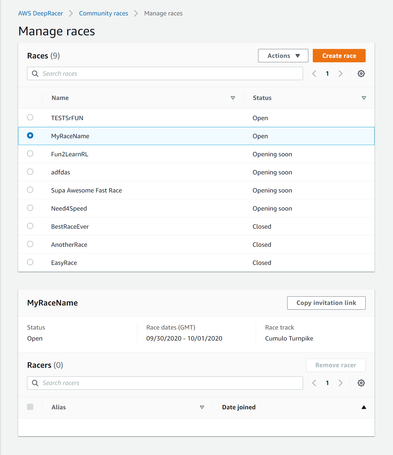 AWS DeepRacer コミュニティレースを作成します。