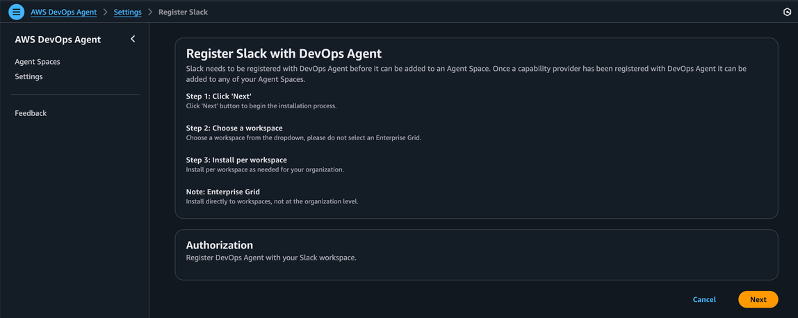 インストール手順と認可セクションを示す Slack を AWS DevOps エージェントに登録するページ。
