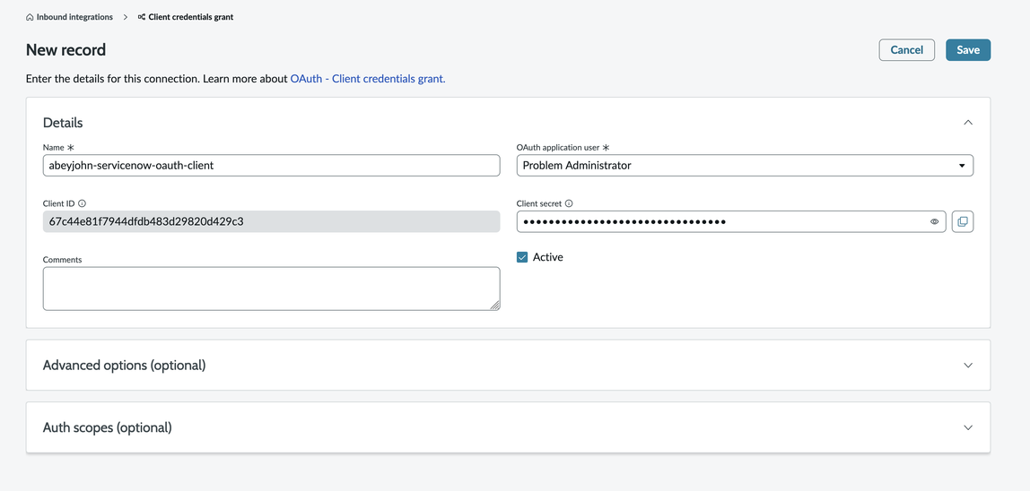 名前、クライアント ID、シークレットのフィールドを含む OAuth クライアント認証情報の新しいレコードフォーム。