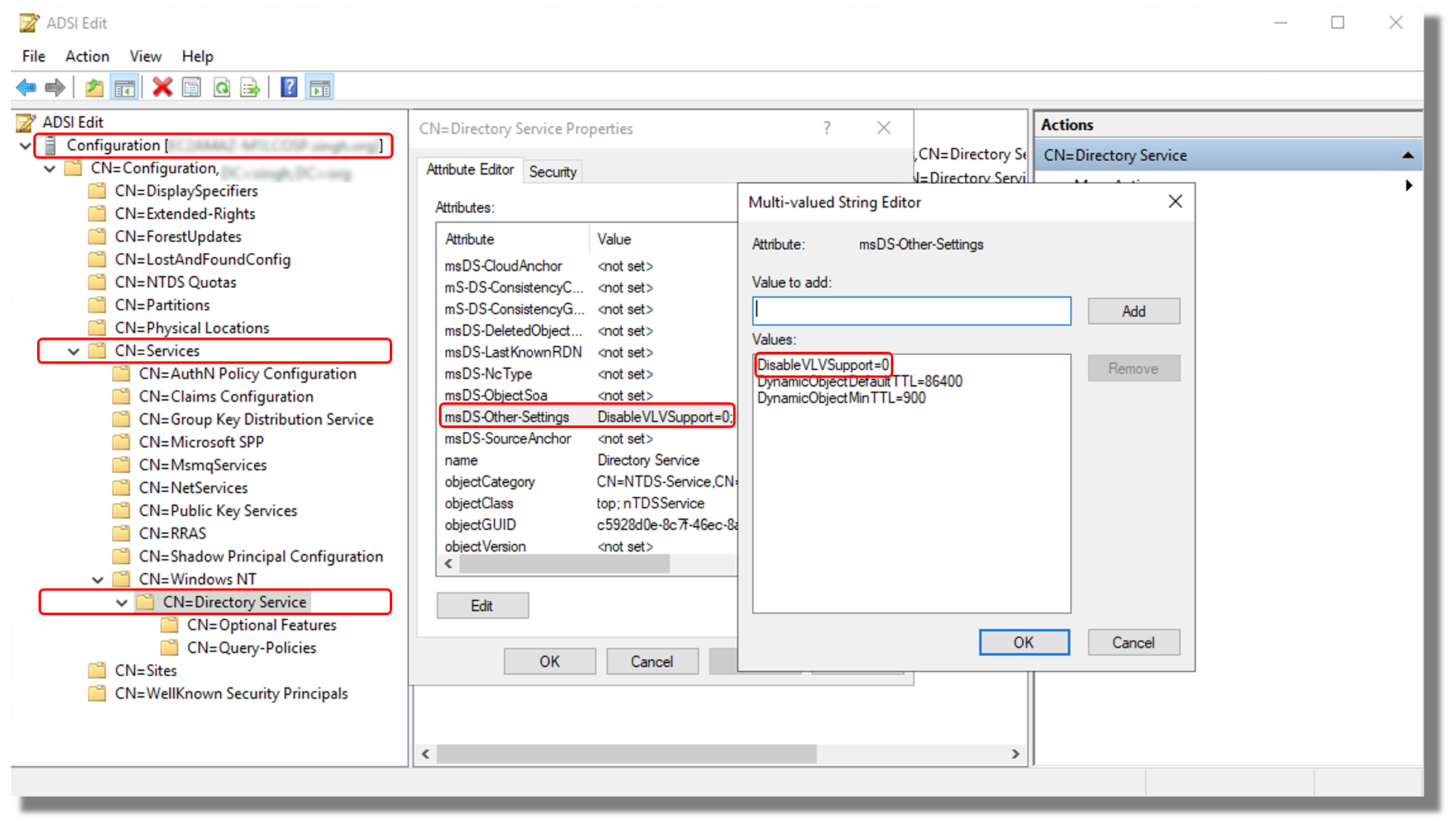Multi-valued String Editor と DisableVLVSupport=0 が強調表示された ADSI Edit ダイアログボックス。
