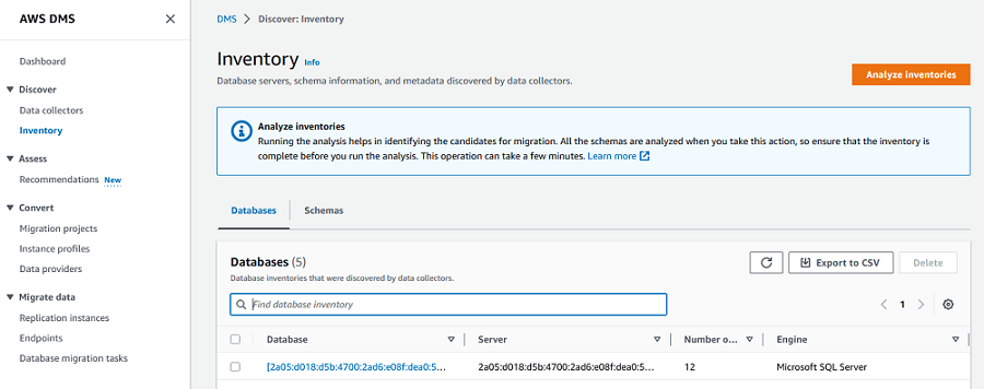 DMS コンソールの [インベントリ] タブ