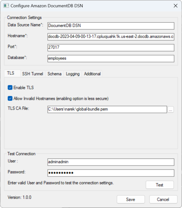 [接続の設定]、[TLS]、および [接続テスト] フィールドがある [Amazon DocumentDB DSN の設定] インターフェイス。[保存] ボタンは下部にあります。