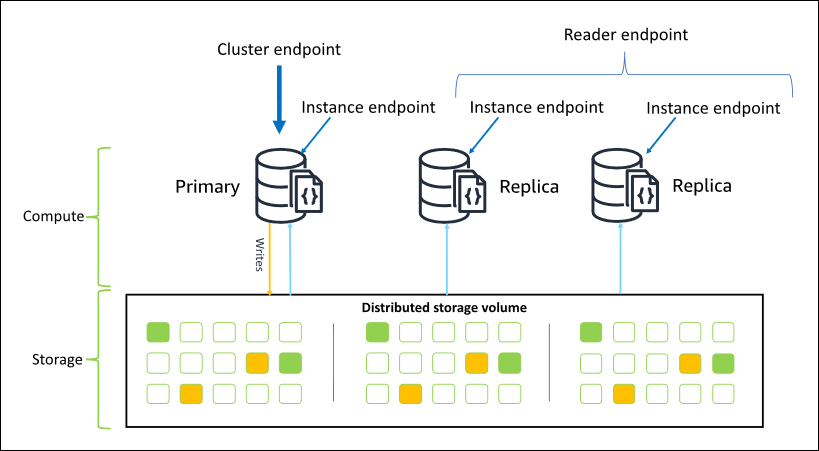 クラスター、リーダー、インスタンスのエンドポイントを含む Amazon DocumentDB エンドポイント構成図。