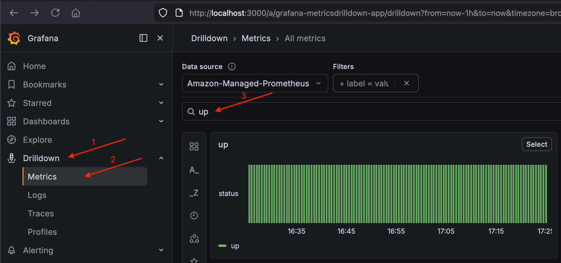 アクティブなスクレイプターゲットを示す緑色のステータスバーが付いたアップメトリクスが表示された Grafana ドリルダウンメトリクスページ