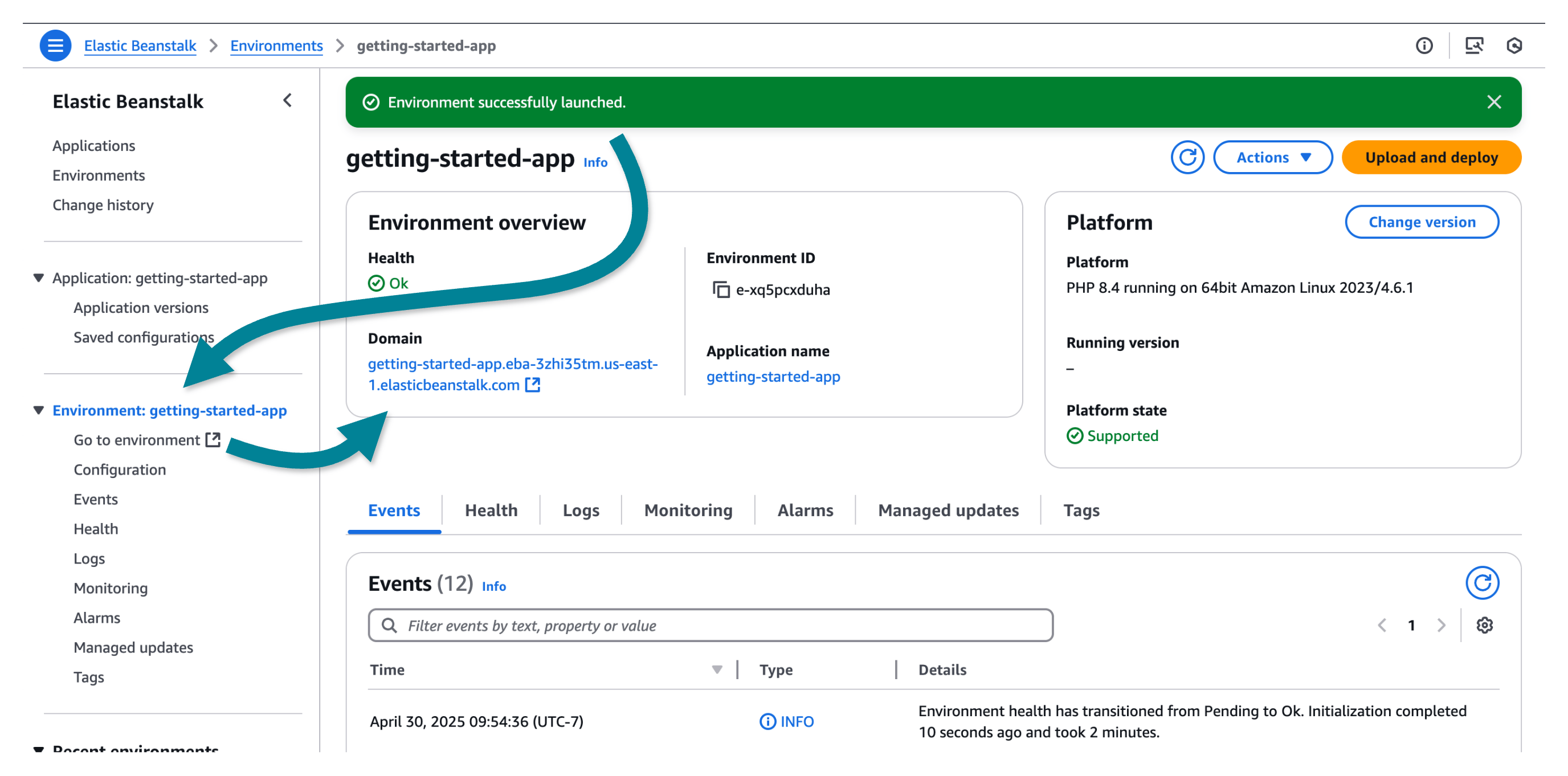起動された環境を示す Elastic Beanstalk コンソール。