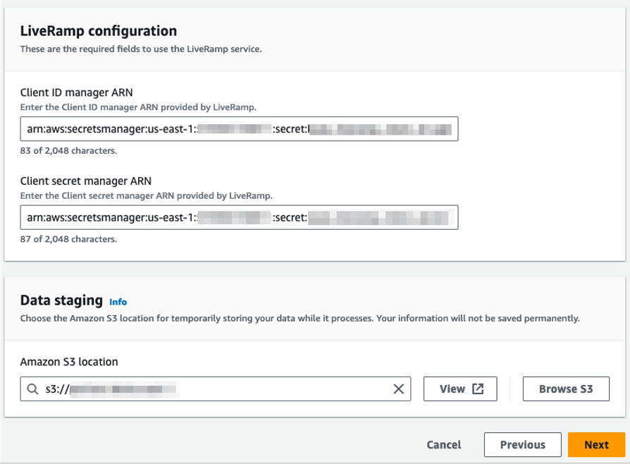 クライアント ID マネージャー ARN とクライアントシークレットマネージャー ARN のフィールドを含む LiveRamp 設定フォーム。