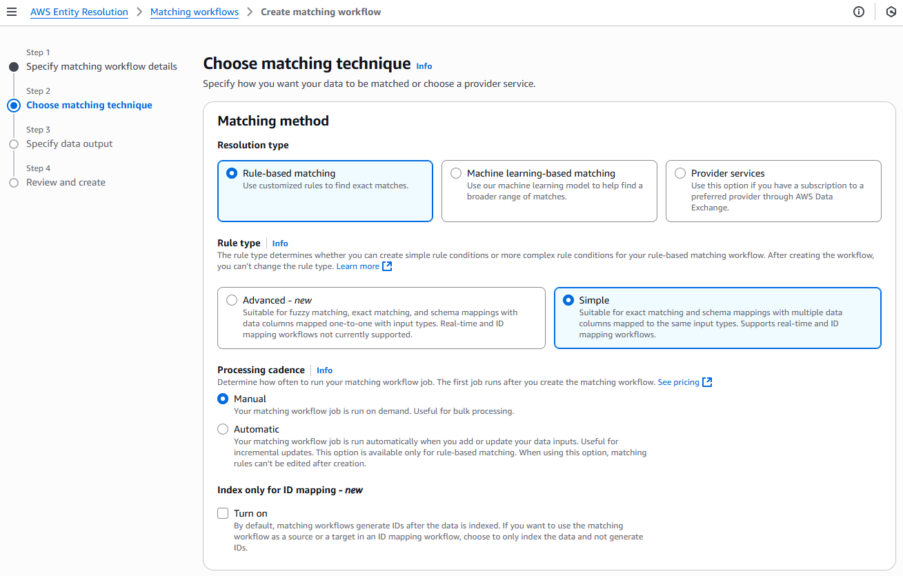 Simple rule-based matching オプションを選択して、一致する手法画面を選択します。