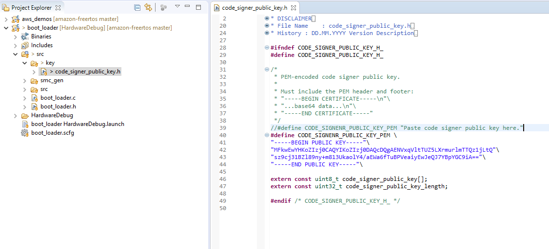 C ヘッダーファイルを示す Code Editor で、CODE_SIGNER_PUBLIC_KEY と PEM エンコードされたコードの署名者のパブリックキー変数の定義が含まれます。