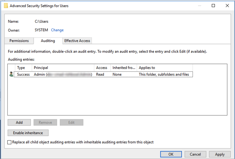 Windows ファイルエクスプローラの [Auditing] (監査) タブを使用して、Windows ファイルアクセス監査のため、ファイルとフォルダに監査コントロールを設定します。