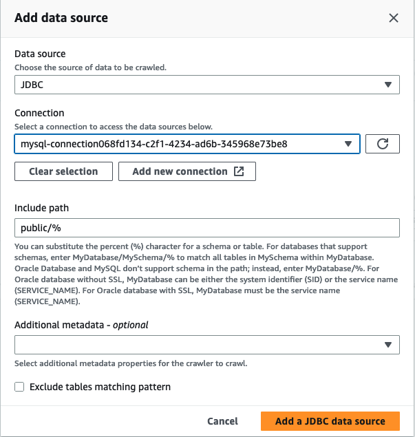 このスクリーンショットは、JDBC が選択されたデータソースと、[データソースの追加] ウィンドウ内の接続を示しています。