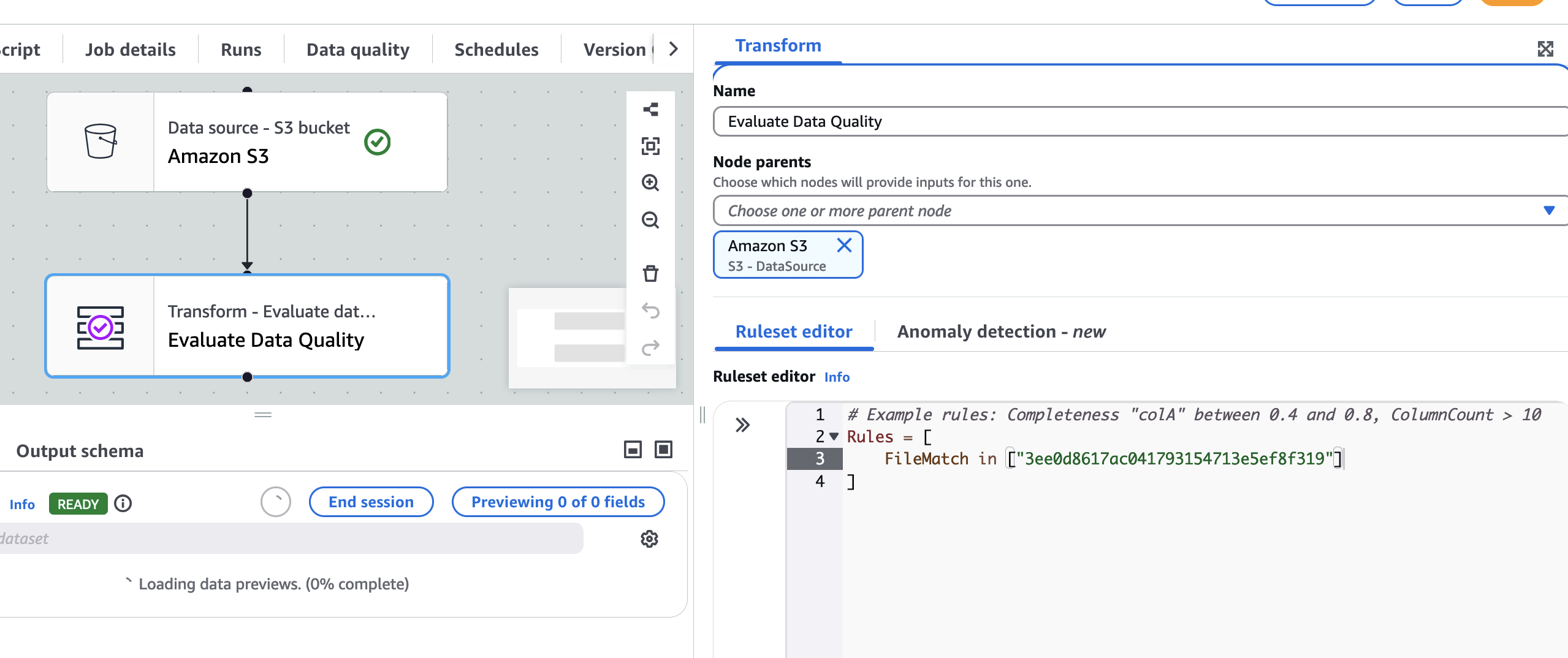このスクリーンショットは、DQ ステータスが Rule failed のルールを示しています。FileMatch が障害について説明します。