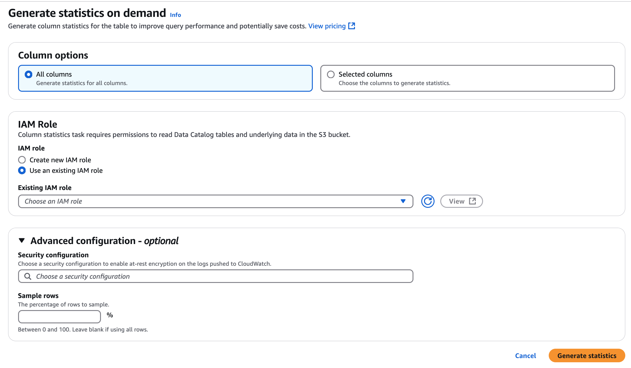 このスクリーンショットは、列統計の生成に使用できるオプションを示しています。