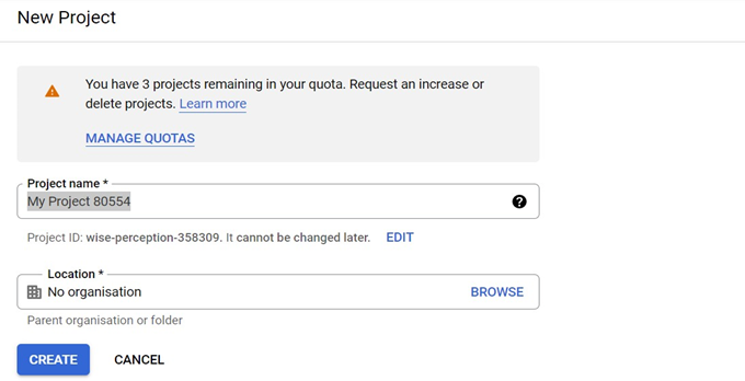 スクリーンショットには、プロジェクト名を入力して場所を選択するため、[新規プロジェクト] ウィンドウが示されています。