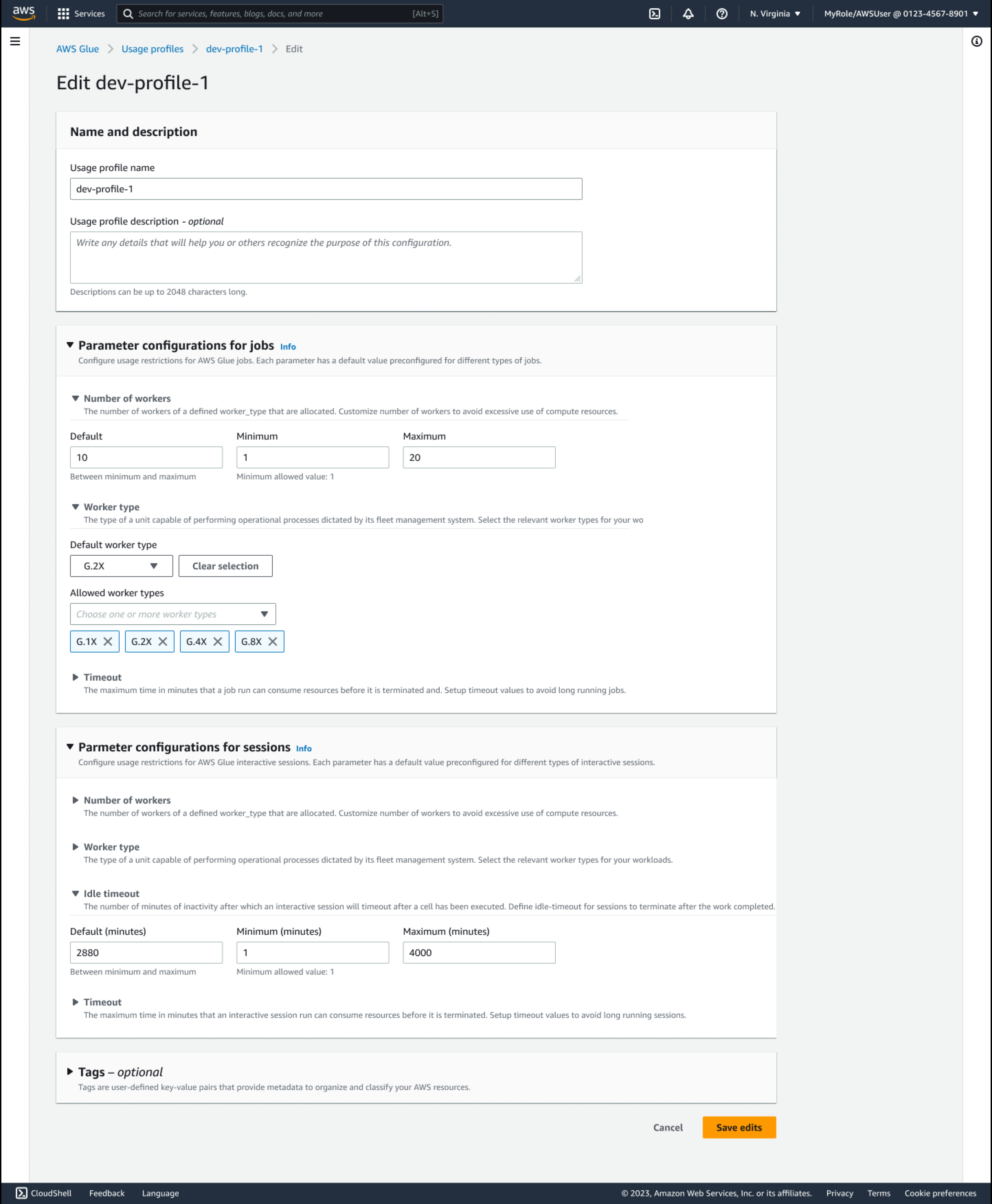 AWS Glue の使用プロファイルを編集するユーザーの例。