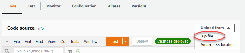[.zip ファイル] が強調表示された [アップロード元] ドロップダウンリスト。