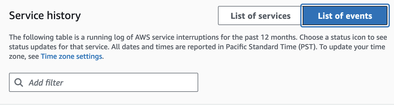 AWS Health イベントの詳細とタイムラインを示すサービス履歴ページ。