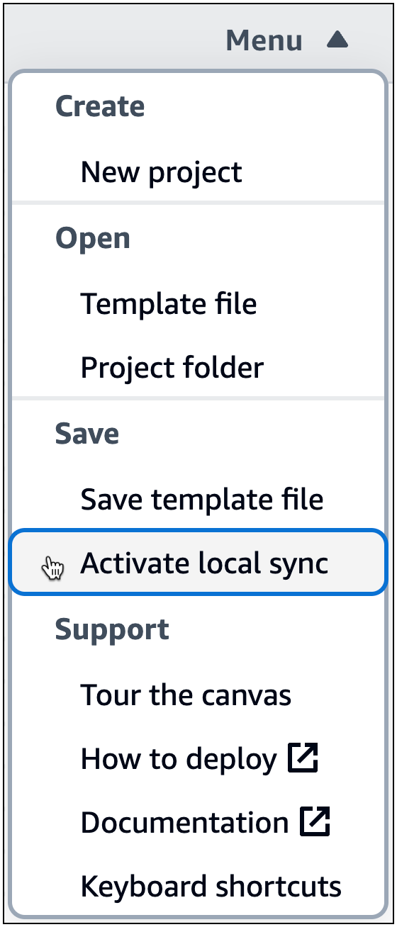 Activate local sync が選択された Infrastructure Composer メニュー。