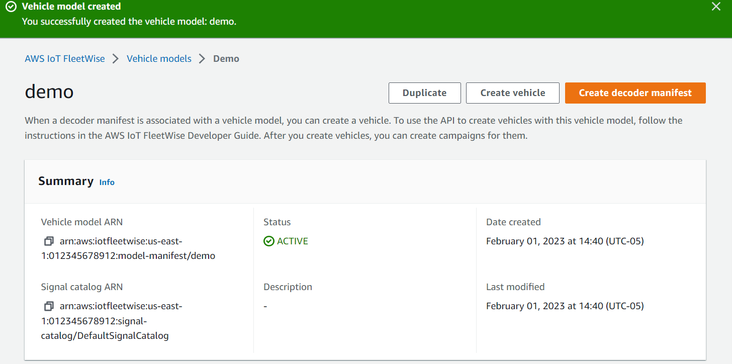 車両モデルが正常に作成されたことを示す AWS IoT FleetWise 通知。