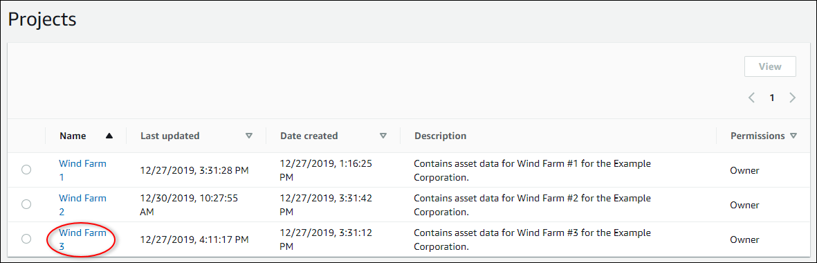 [Wind Farm 3] が強調表示された [プロジェクト] ページ。