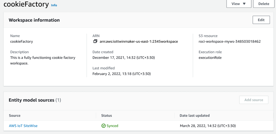 エンティティモデルソースのリストを示すワークスペースページ。