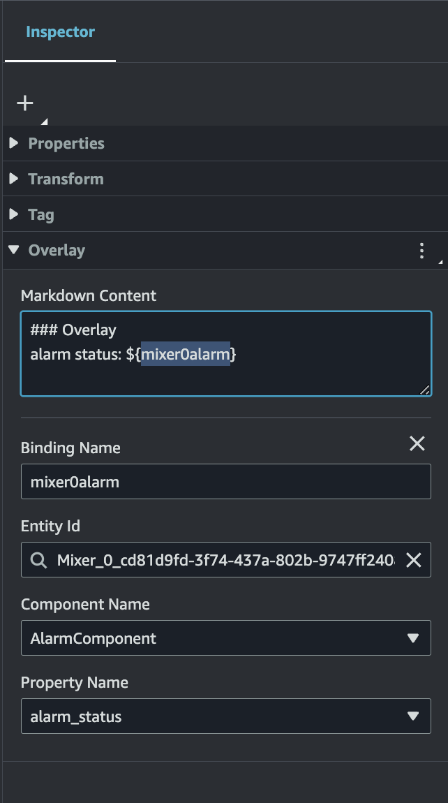 Markdown コンテンツエントリボックスにアラームステータス情報が入力された Inspector パネル。