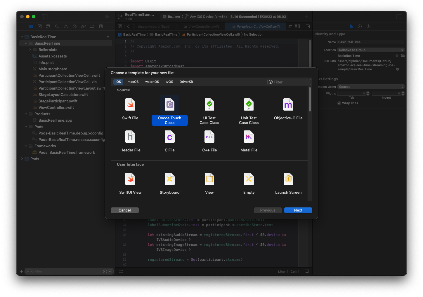 UICollectionViewCell を作成して iOS リアルタイム参加者をレンダリングします。
