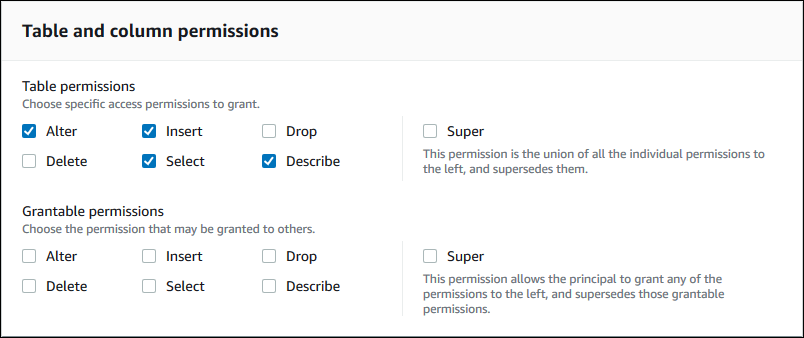[Table and column permissions] (テーブルと列の許可) セクションには、[Table permissions] (テーブルの許可) と [Grantable permissions] (付与可能な許可) の 2 つのサブセクションがあります。各サブセクションには、[Alter] (変更)、[Insert] (挿入)、[Drop] (ドロップ)、[Delete] (削除)、[Select] (選択)、[Describe] (記述)、および [Super] (スーパー) の可能な Lake Formation 許可ごとのチェックボックスがあります。[Super] (スーパー) 許可は他の許可の右側に設置されており、「This permission allows the principal to grant any of the permissions to the left, and supersedes those grantable permissions」(この許可は、プリンシパルが左側にあるどの許可でも付与できるようにし、これらの付与可能な許可に優先します」という説明があります。