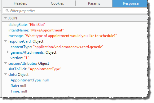 予約を行うインテントと引き出す予約タイプスロットに関する情報を含む JSON レスポンス。