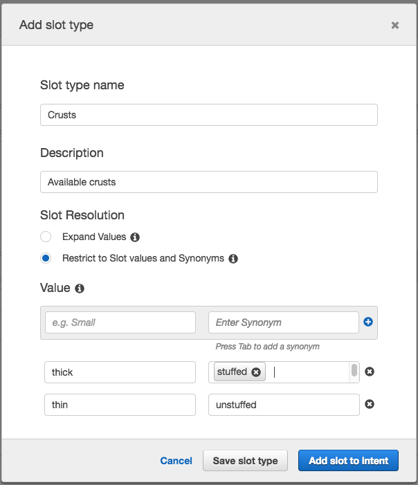 スロットタイプの編集ダイアログボックス。