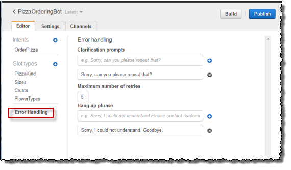 エラー処理の設定方法を示すコンソール。