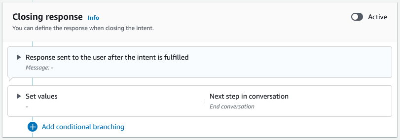 終了応答のオプションを示す Amazon Lex V2 コンソール。