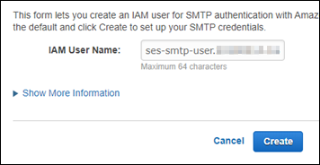 Amazon SES コンソールの SMTP 認証情報の IAM ユーザー名。