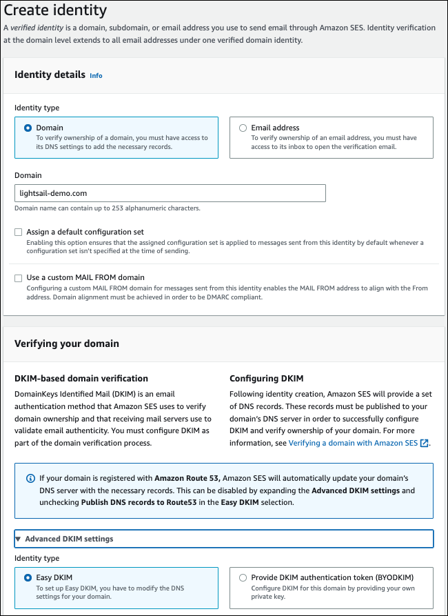 Amazon SES コンソールで新しいドメインを検証します。